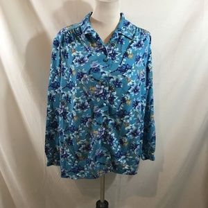 Koret aqua & blue long sleeve button up with flowers - womens 16W, armpit to arm